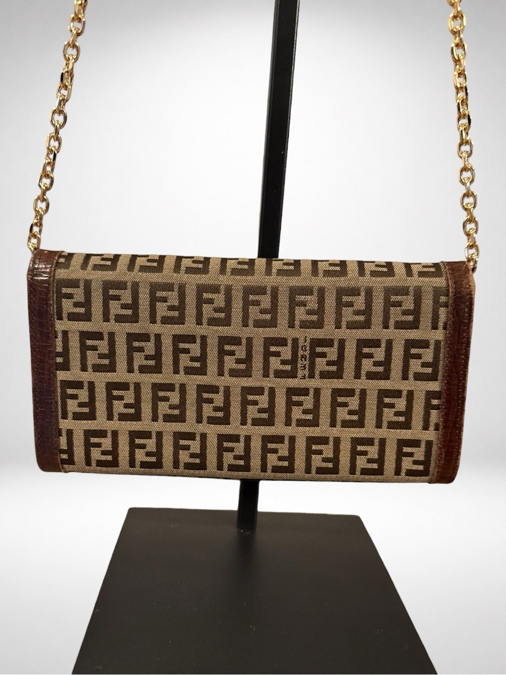 FENDI Zucca Canvas Chain Wallet Crossbody Brown FF Logo Leather Gold Hardware - Picture 2 of 16